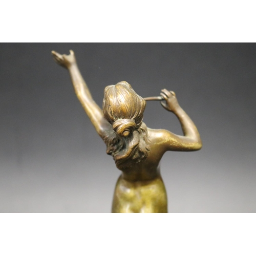 357 - Fine antique bronze of a nude female flute player, mounted to a turned marble pedestal, signed indis... 