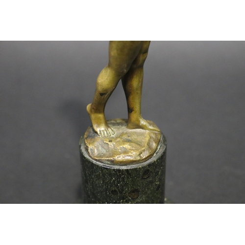 357 - Fine antique bronze of a nude female flute player, mounted to a turned marble pedestal, signed indis... 