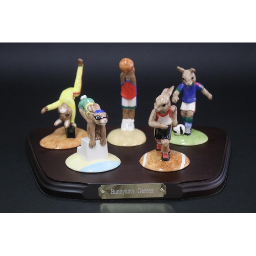 5213 - Royal Doulton Bunnykins Games set consisting of Runner Bunnykins DB205, Swimmer Bunnykins DB206, Gym... 