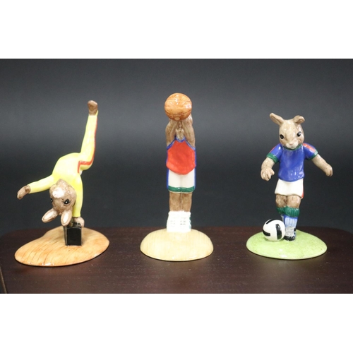 5213 - Royal Doulton Bunnykins Games set consisting of Runner Bunnykins DB205, Swimmer Bunnykins DB206, Gym... 