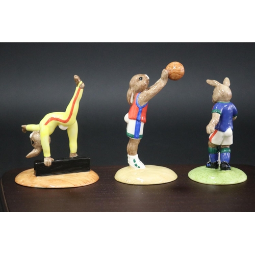 5213 - Royal Doulton Bunnykins Games set consisting of Runner Bunnykins DB205, Swimmer Bunnykins DB206, Gym... 