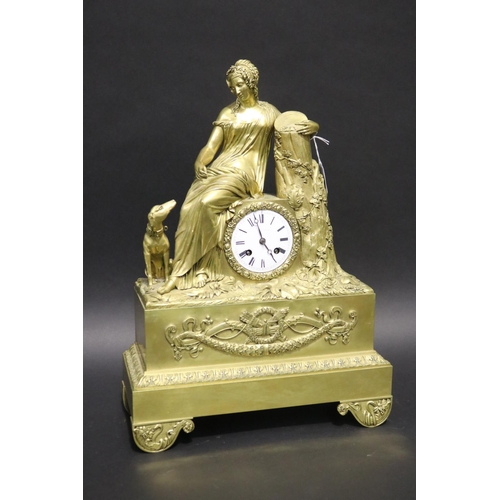 366 - Fine antique early 19th century ormolu figural clock, with silk suspension movement, (running at tim... 