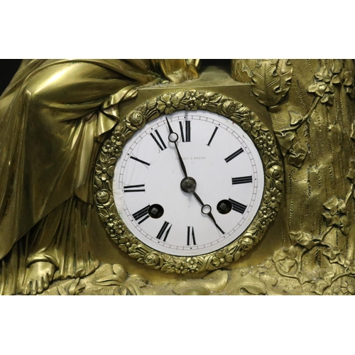 366 - Fine antique early 19th century ormolu figural clock, with silk suspension movement, (running at tim... 