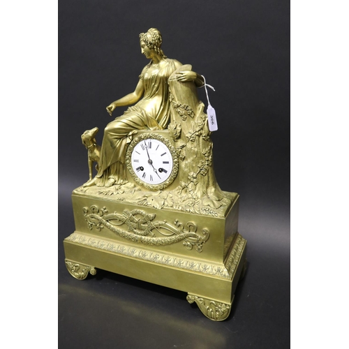 366 - Fine antique early 19th century ormolu figural clock, with silk suspension movement, (running at tim... 