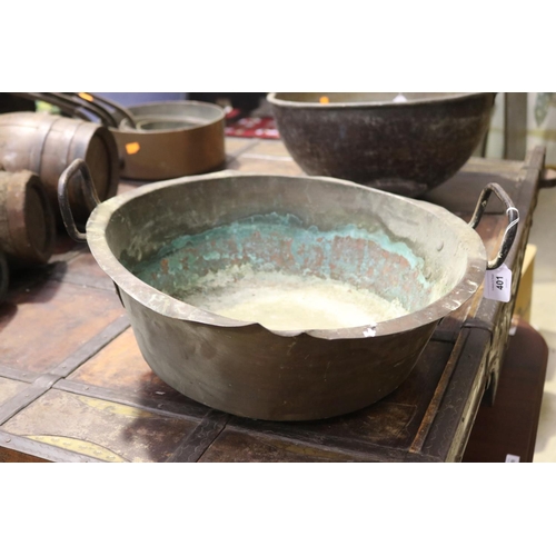 401 - Antique French twin handled copper preserving pan, approx 17cm H excluding handles x 43cm Dia