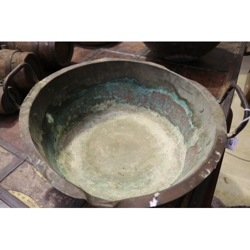 401 - Antique French twin handled copper preserving pan, approx 17cm H excluding handles x 43cm Dia