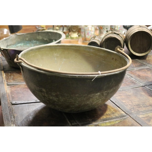 404 - Large antique French copper iron swing handled circular mixing bowl, approx 20cm H excluding handle ... 