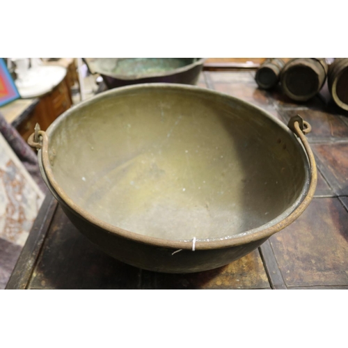 404 - Large antique French copper iron swing handled circular mixing bowl, approx 20cm H excluding handle ... 