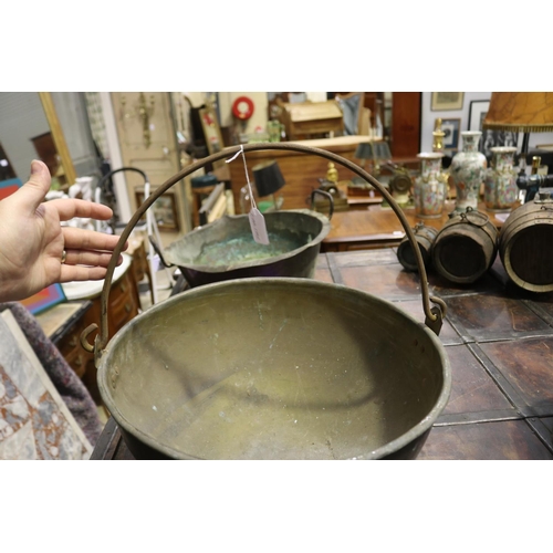 404 - Large antique French copper iron swing handled circular mixing bowl, approx 20cm H excluding handle ... 