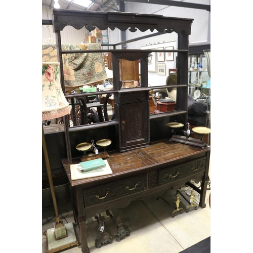 438 - Antique 18th century English oak two height country dresser, carved front two drawer base, with shap... 