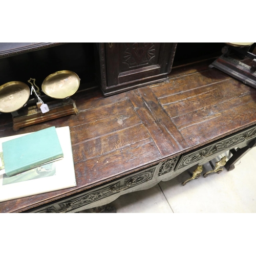 438 - Antique 18th century English oak two height country dresser, carved front two drawer base, with shap... 