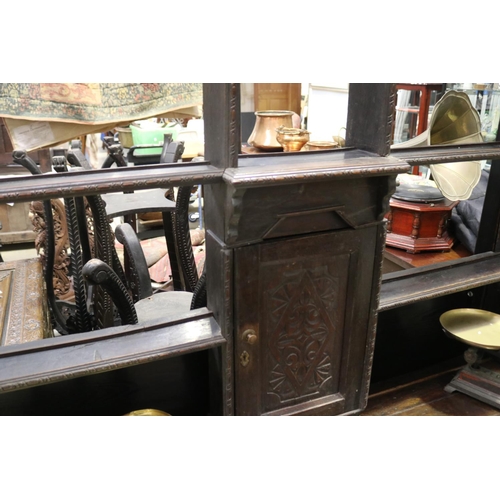 438 - Antique 18th century English oak two height country dresser, carved front two drawer base, with shap... 