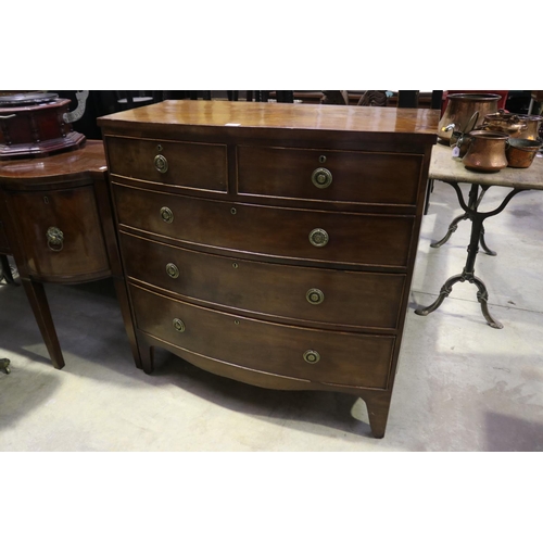 448 - Antique English Regency mahogany bowfront front five drawer chest of drawers, approx 104cm H x 100cm... 