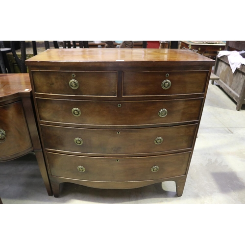 448 - Antique English Regency mahogany bowfront front five drawer chest of drawers, approx 104cm H x 100cm... 