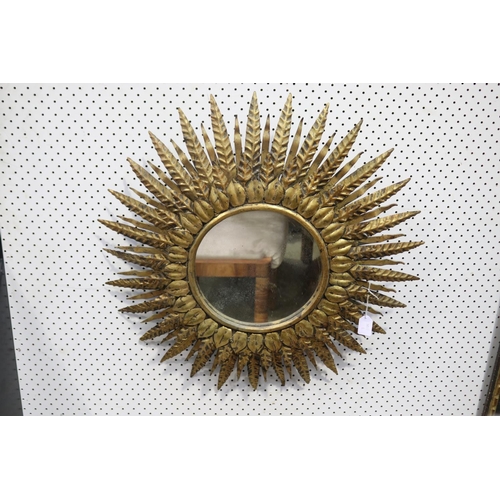 521 - Vintage Spanish gilt metal Sun burst stepped circular Mirror, c 1960's, approx 67cm Dia