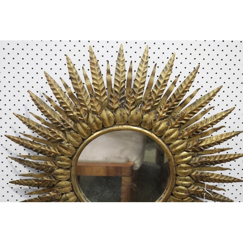 521 - Vintage Spanish gilt metal Sun burst stepped circular Mirror, c 1960's, approx 67cm Dia