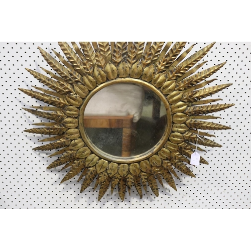 521 - Vintage Spanish gilt metal Sun burst stepped circular Mirror, c 1960's, approx 67cm Dia