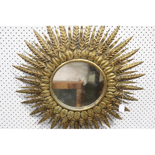 521 - Vintage Spanish gilt metal Sun burst stepped circular Mirror, c 1960's, approx 67cm Dia