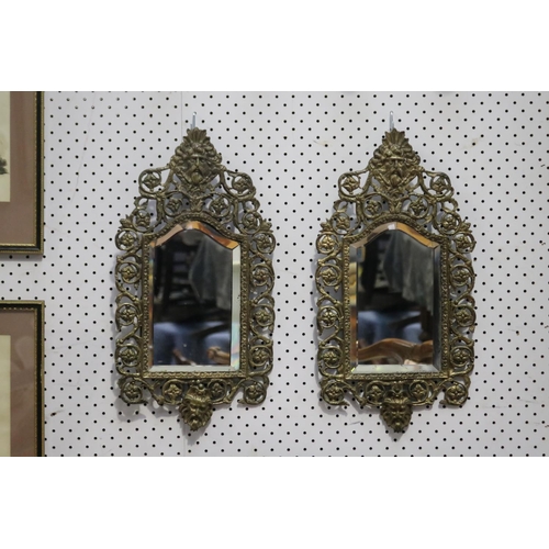 523 - Pair of French Renaissance revival brass mirrors, each approx 47cm H x 25cm W (2)