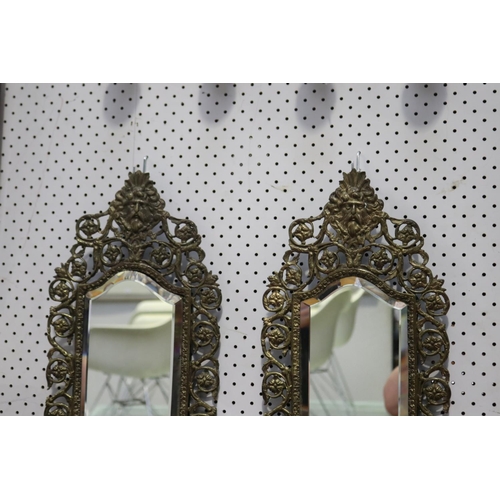 523 - Pair of French Renaissance revival brass mirrors, each approx 47cm H x 25cm W (2)