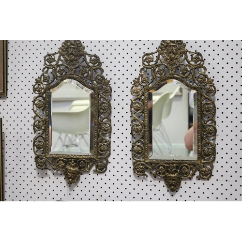 523 - Pair of French Renaissance revival brass mirrors, each approx 47cm H x 25cm W (2)