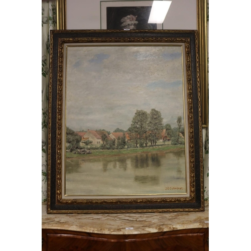 522 - Jean C Subrenat, river landscape, oil on canvas, signed lower right, approx 90cm x 72cm