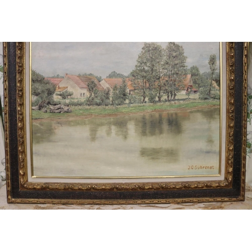 522 - Jean C Subrenat, river landscape, oil on canvas, signed lower right, approx 90cm x 72cm