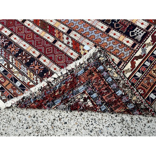 584 - Handknotted wool carpet, multi banded geometric Kilim, approx 276cm x 182cm