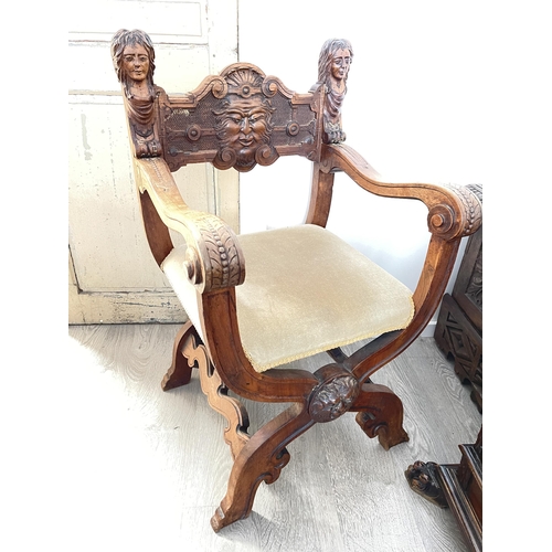 585 - Antique 19th Century carved walnut Renaissance revival Savonarola chair