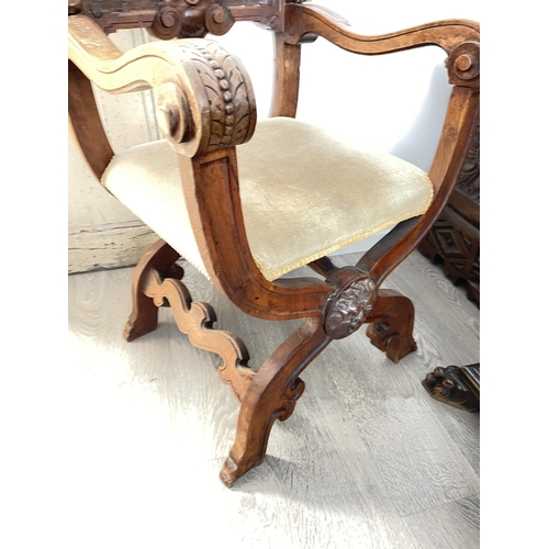 585 - Antique 19th Century carved walnut Renaissance revival Savonarola chair
