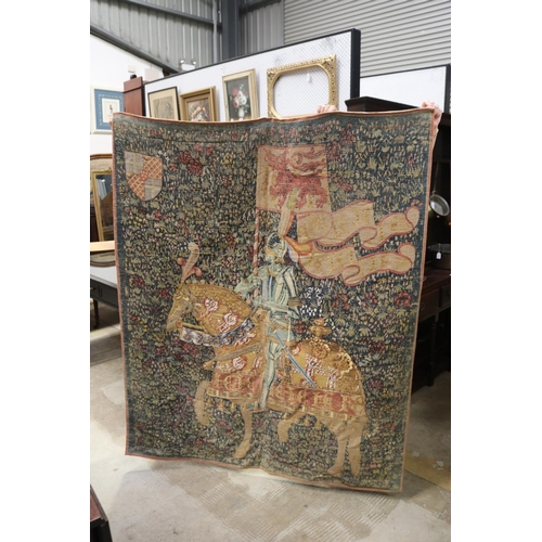 450 - Vintage French signed Jean Laurent printed tapestry, The Chevalier, Mille-fleur back ground, materia... 