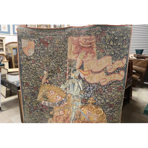 450 - Vintage French signed Jean Laurent printed tapestry, The Chevalier, Mille-fleur back ground, materia... 