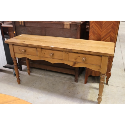 526 - English pine three drawer sideboard/table, approx 77cm H x 151cm W x 46cm D