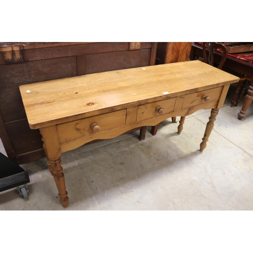 526 - English pine three drawer sideboard/table, approx 77cm H x 151cm W x 46cm D