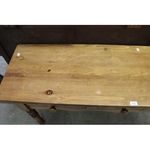 526 - English pine three drawer sideboard/table, approx 77cm H x 151cm W x 46cm D
