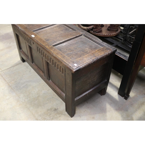 541 - Antique 18th century English oak three panel coffer, with stop fluted carved front frieze, approx 61... 