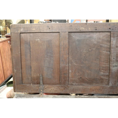 542 - Antique 18th century English oak three panelled front coffer, with unusual central cupboard door, ap... 