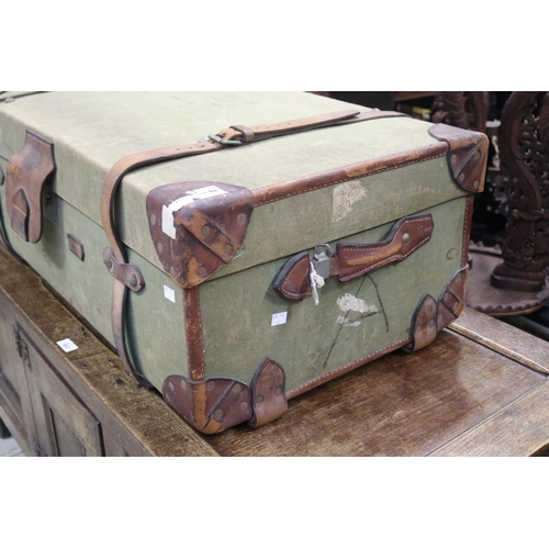 544 - Vintage / antique canvas and leather trunk, approx 34cm H x 91cm W x 53cm D