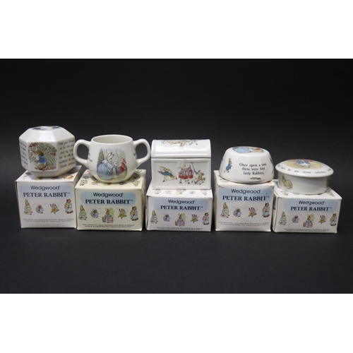 5157 - Wedgwood Peter Rabbit paper eight, mug, Round box treasure chest, money box, approx 8cm H and shorte... 