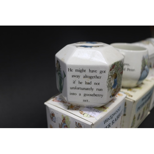 5157 - Wedgwood Peter Rabbit paper eight, mug, Round box treasure chest, money box, approx 8cm H and shorte... 