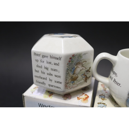 5157 - Wedgwood Peter Rabbit paper eight, mug, Round box treasure chest, money box, approx 8cm H and shorte... 