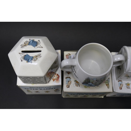 5157 - Wedgwood Peter Rabbit paper eight, mug, Round box treasure chest, money box, approx 8cm H and shorte... 