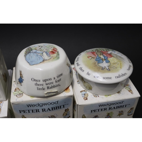 5157 - Wedgwood Peter Rabbit paper eight, mug, Round box treasure chest, money box, approx 8cm H and shorte... 