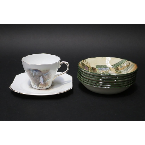 5165 - Royal Doulton Dickens Ware dessert bowls, Shelley cup and sandwich plate decorated with The Minaret ... 
