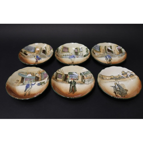 5165 - Royal Doulton Dickens Ware dessert bowls, Shelley cup and sandwich plate decorated with The Minaret ... 