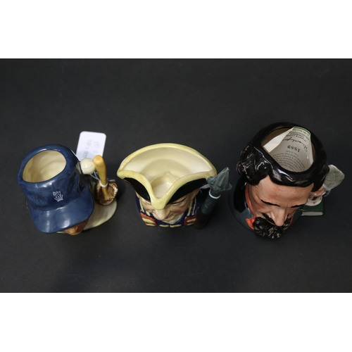 5180 - Three small character jugs, Charles Dickens D6901 1889/7500 with certificate, Guardsman Williamsburg... 