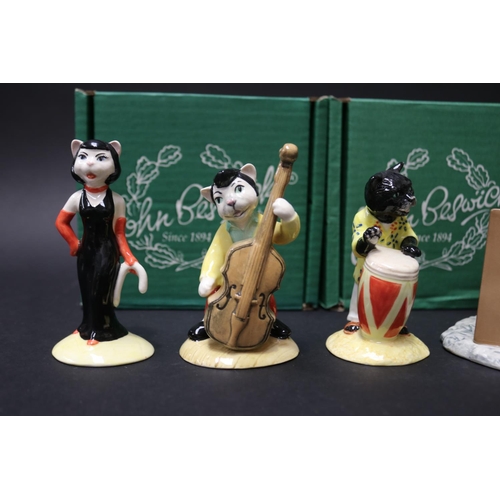 5189 - Beswick Cat Band, Purrfect Pitch, Walking Bass Calypso Kitten and Fat cat, approx 11cm H and shorter... 