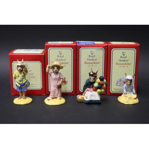 5196 - Royal Doulton Bunnykins Seaside, Sightseer, Old balloon Seller 304/2000, Tourist, approx 11cm H and ... 