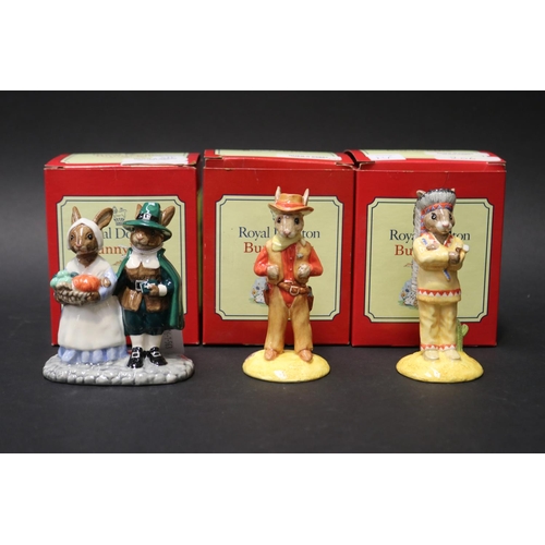 5204 - Royal Doulton Bunnykins Cowboy 291/2500, Indian 206/2500 and Pilgrim 865/2500, approx 12cm H and sho... 