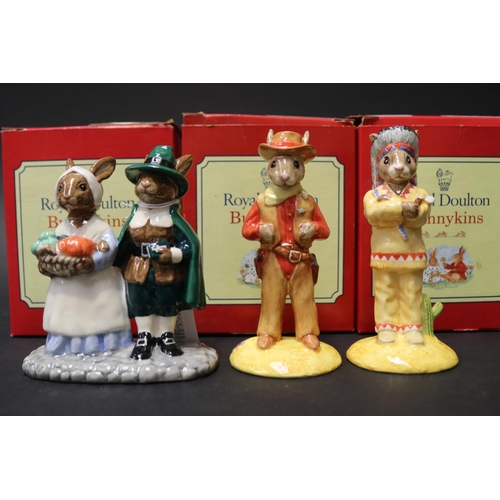 5204 - Royal Doulton Bunnykins Cowboy 291/2500, Indian 206/2500 and Pilgrim 865/2500, approx 12cm H and sho... 